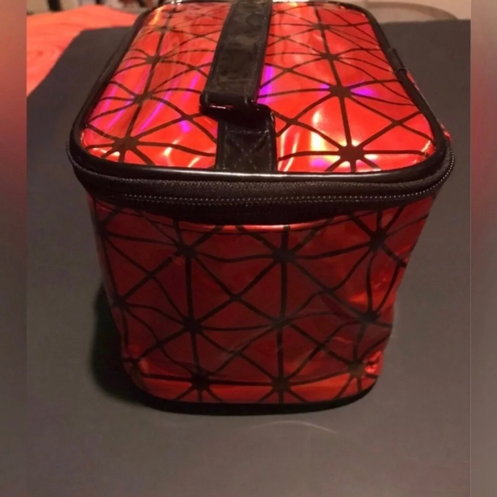 Red Geometric Cosmetic Train Case with Black Trim